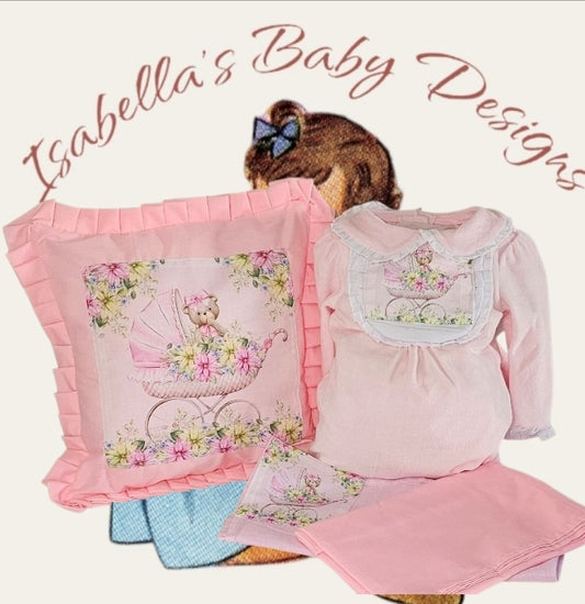 Pink , Floral , Teddy in pram set